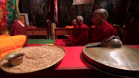 Monks praying during a prayer session in monastery, Mustang, Nepal Stock Footage 62923801