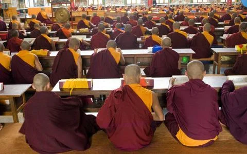 Monks studying scriptures in Namdroling monastery Palyul Nyingmapa Buddhis... Foto stock