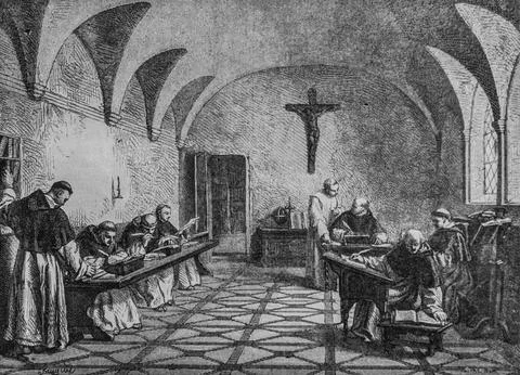 Monks under study, the quaint store by mr. edward charton 1870 Stock Illustration