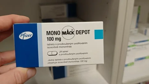 MONO MACK DEPOT PFIZER with ISOSORBIDE MONONITRATE,treatment of angina pectoris Stock Footage 299994836