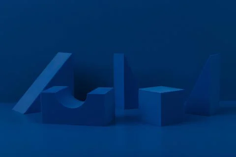 Monochromatic abstract geometric composition with blue geometric figures on blue Stockfoto's