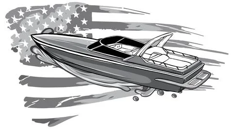 Monochromatic Boat vector speed motorboat yacht traveling in ocean Stock Illustration