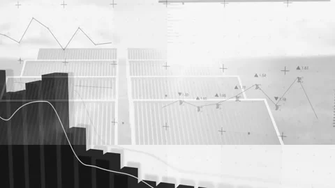 Monochromatic data dashboard showing 3D bar chart rising left, overlaying jagged Stock Footage 325837180