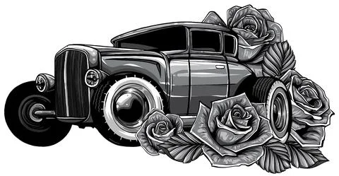 Monochromatic Easter car. Retro automobile driving a bouquet of tulips. Hand Stock Illustration