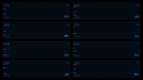 Monochromatic, eight-panel visual display of animated line graphs. Stock Footage 88221538
