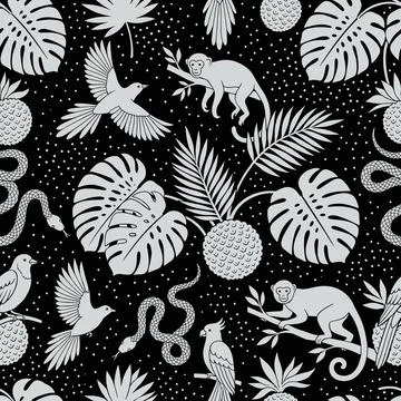 Monochromatic Jungle Pattern with Monkeys Birds Snakes and Tropical Foliage. Stock Illustration