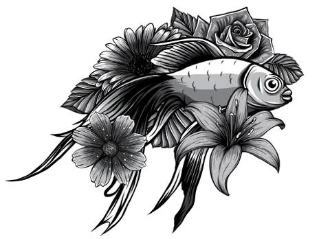 Monochromatic Koi fish tattoo vector illustration. design art Stock Illustration