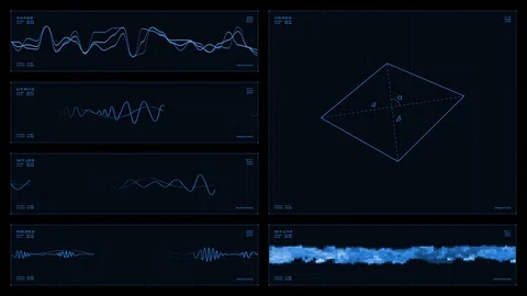 Monochromatic multi-panel visual display: formulae, line graphs, waveforms Stock Footage 88221806