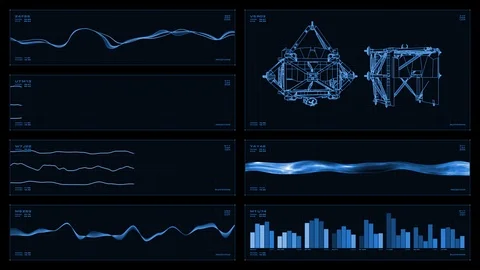 Monochromatic multi-panel visual display: line graphs, waveforms Stock Footage 88221882