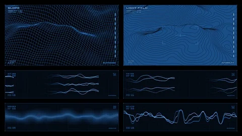 Monochromatic multi-panel visual display: line graphs, waveforms Stock Footage 88221926