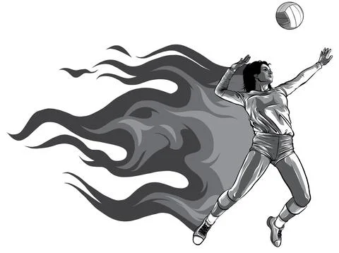 Monochromatic Silhouette of volleyball player with flames. Vector. Stock Illustration