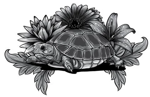 Monochromatic turtle with flower designs vector illustration art Stock Illustration