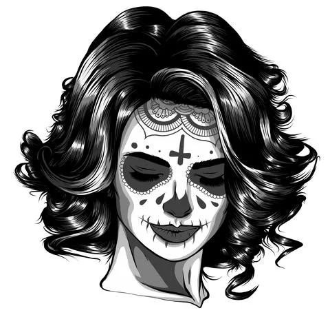 Monochromatic Vector Black and White Skull Candy Girl Illustration Stock Illustration