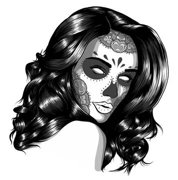 Monochromatic Vector Black and White Skull Candy Girl Illustration 스톡 일러스트