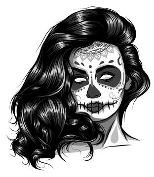Monochromatic Vector Black and White Skull Candy Girl Illustration Stock Illustration