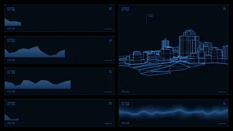 Monochromatic visual display: city wireframe, graphs, readouts, indicators Vídeos de archivo 88538705