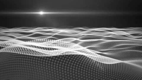 Monochrome 3D background with flying over abstract field of particle waves Stock Footage 260814137