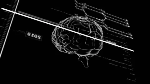 Monochrome 3D brain model floating in black void, showing circuit lines, code, Stock Footage 309287329