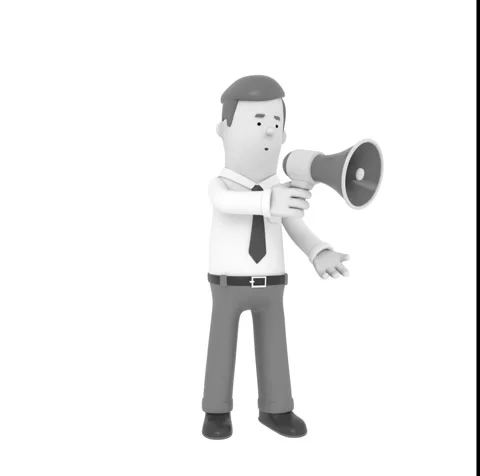 Monochrome 3D Character with Megaphone in Various Poses on White Background Vídeo Stock 341922315