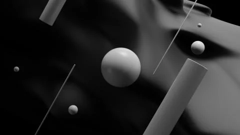 Monochrome 3d rendered abstract background with sphere and cylinders infront  Stock Illustration