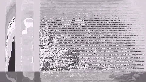 Monochrome abstract shows distorted text layers, punctuated by a glitchy, Vidéo 312889606