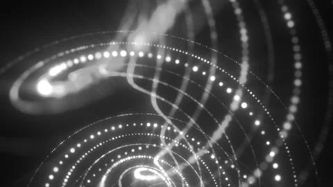 Monochrome abstract visualization of swirling dotted curves in a spiral digit Stockfoto's