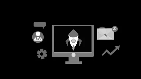 Monochrome Animation of a computer screen with a rocket icon, surrounded by.. Stock Footage 315001263