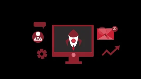 Monochrome Animation of a computer screen with a rocket icon, surrounded by.. Stock Footage 315001264