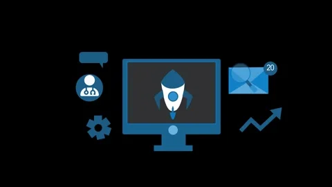 Monochrome Animation of a computer screen with a rocket icon, surrounded by.. Stock Footage 315001266