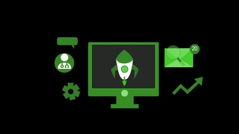 Monochrome Animation of a computer screen with a rocket icon, surrounded by.. Stock Footage 315001282