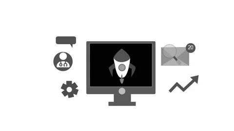 Monochrome Animation of a computer screen with a rocket icon, surrounded by.. Stock Footage 315001292