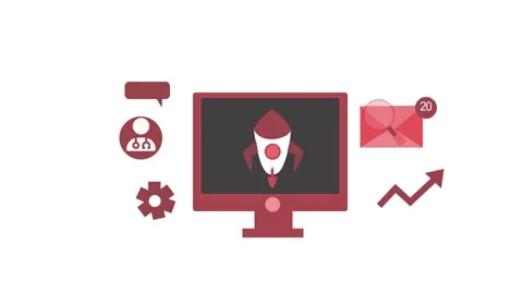 Monochrome Animation of a computer screen with a rocket icon, surrounded by.. Stock Footage 315001305