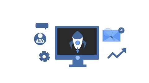 Monochrome Animation of a computer screen with a rocket icon, surrounded by.. Stock Footage 315001310
