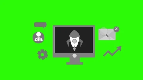 Monochrome Animation of a computer screen with a rocket icon, surrounded by.. Stock Footage 315001329