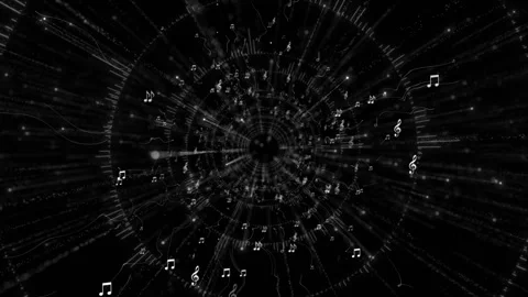Monochrome audio notes motion visual with musical symbols flying through a dark Stock Footage 340577032