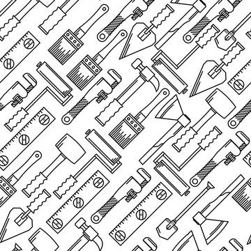 Monochrome background for hand tools Seamless pattern with black line wood... Stock Photos
