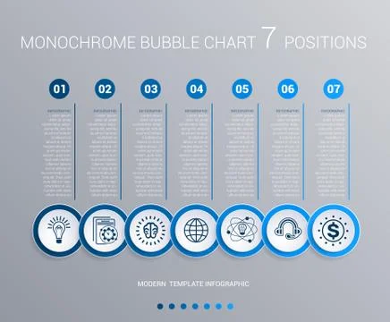 Monochrome blue bubbles chart Infographics for 7 steps Stock Illustration