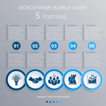 Monochrome blue bubbles chart Infographics for 5 steps Stockillustratie
