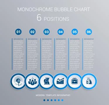 Monochrome blue bubbles chart Infographics for 6 steps Stock Illustration