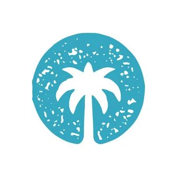 Monochrome blue palm tree circle silhouette hand drawn decorative design gr.. Stock Illustration