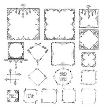 Monochrome boho tribal set of frames isolated in white background Stock Illustration