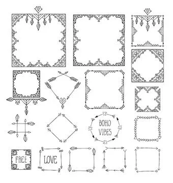 Monochrome boho tribal set of frames isolated in white background. Monochr... Stock Photos