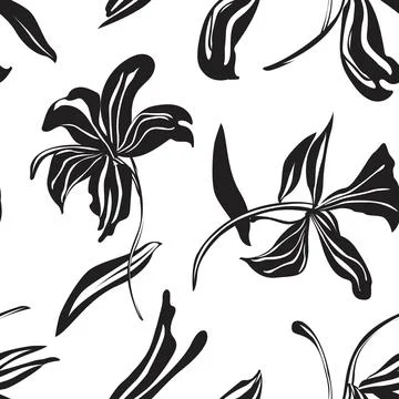 Monochrome Botanical Floral Seamless Pattern Design Stock Illustration