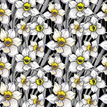 Monochrome botanical seamless pattern with hand drawn flowers Stock Illustration