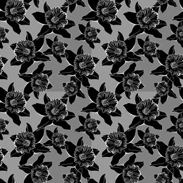 Monochrome botanical seamless pattern with outline of flowers. Stock Illustration