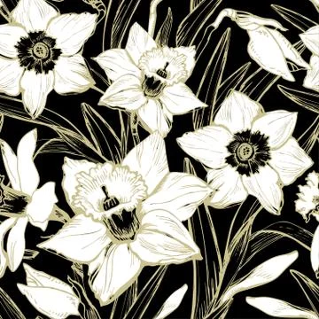 Monochrome botanical seamless pattern with white hand drawn closeup flowers. Stock Illustration
