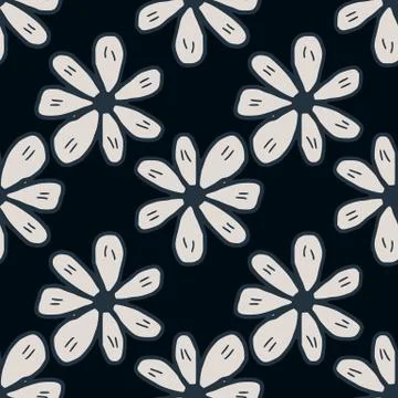 Monochrome chamomiles flowers seamless pattern on black background. Abstract  Stock Illustration