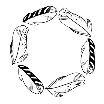 Monochrome circle frame of feathers. Ready template for design, postcards Stock Illustration