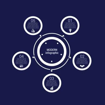 Monochrome circles in a circle. Pattern for infographic 5 positions. Dark blu Stock Illustration