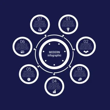 Monochrome circles in a circle. Pattern for infographic 7 positions. Dark blu Stock Illustration